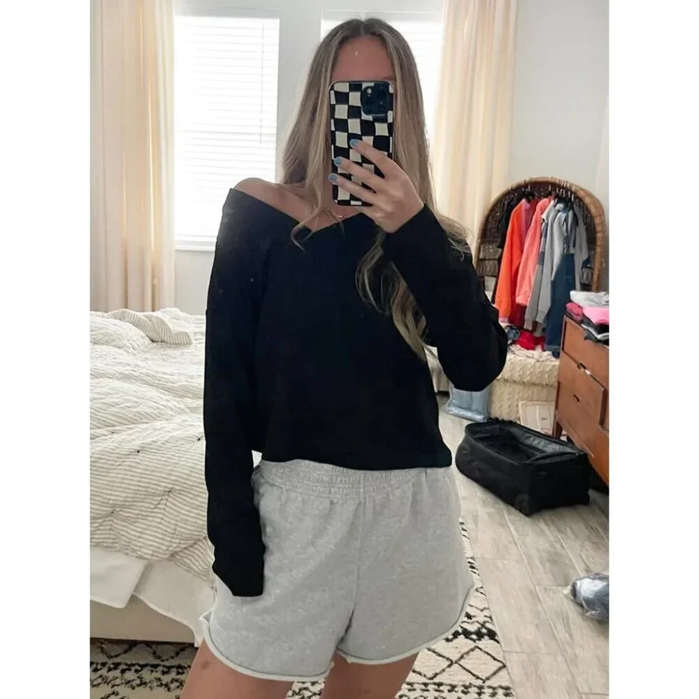 Womens Cropped Waffle Knit Sweater V Neck Long Sleeve Casual Top